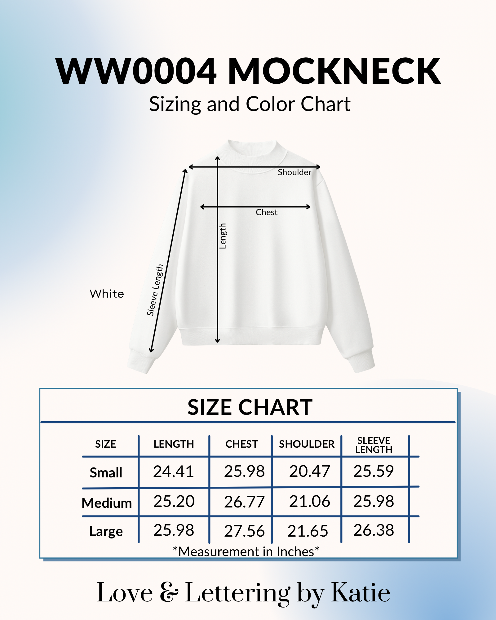Color and Size Chart for WW0004 Fleece Mockneck Sweatshirts